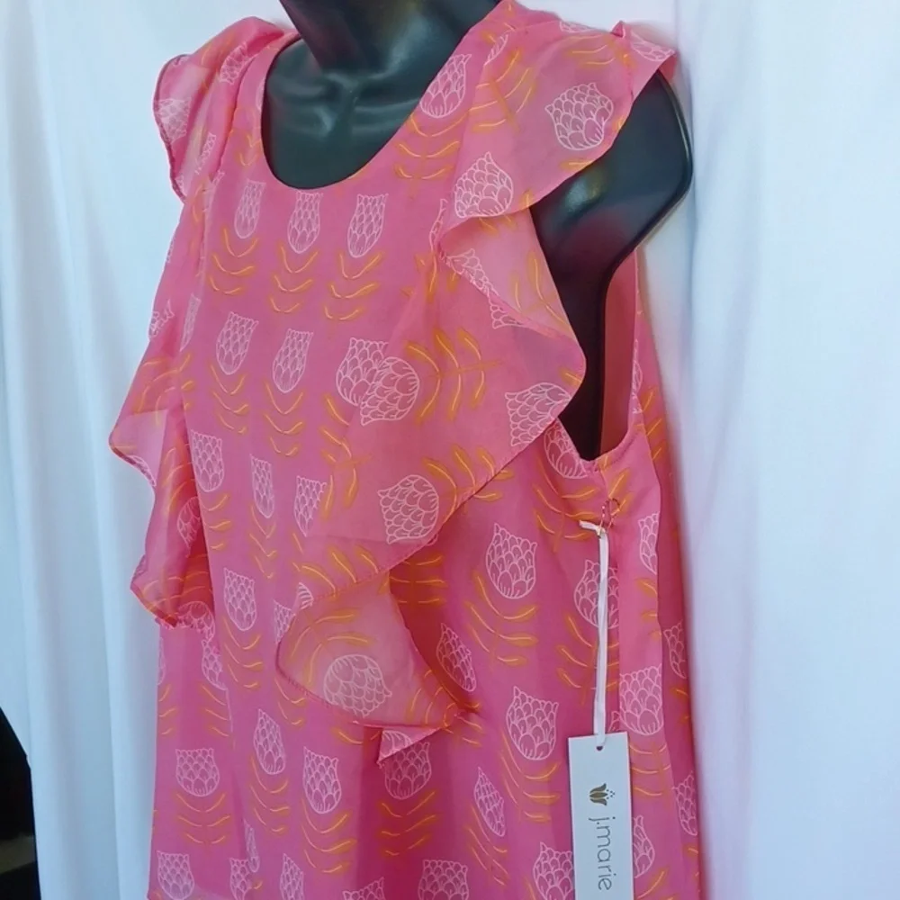 J. Marie Pink Orange THE EMMIE Maeve RUFFLE TOP, Lined, M, 19